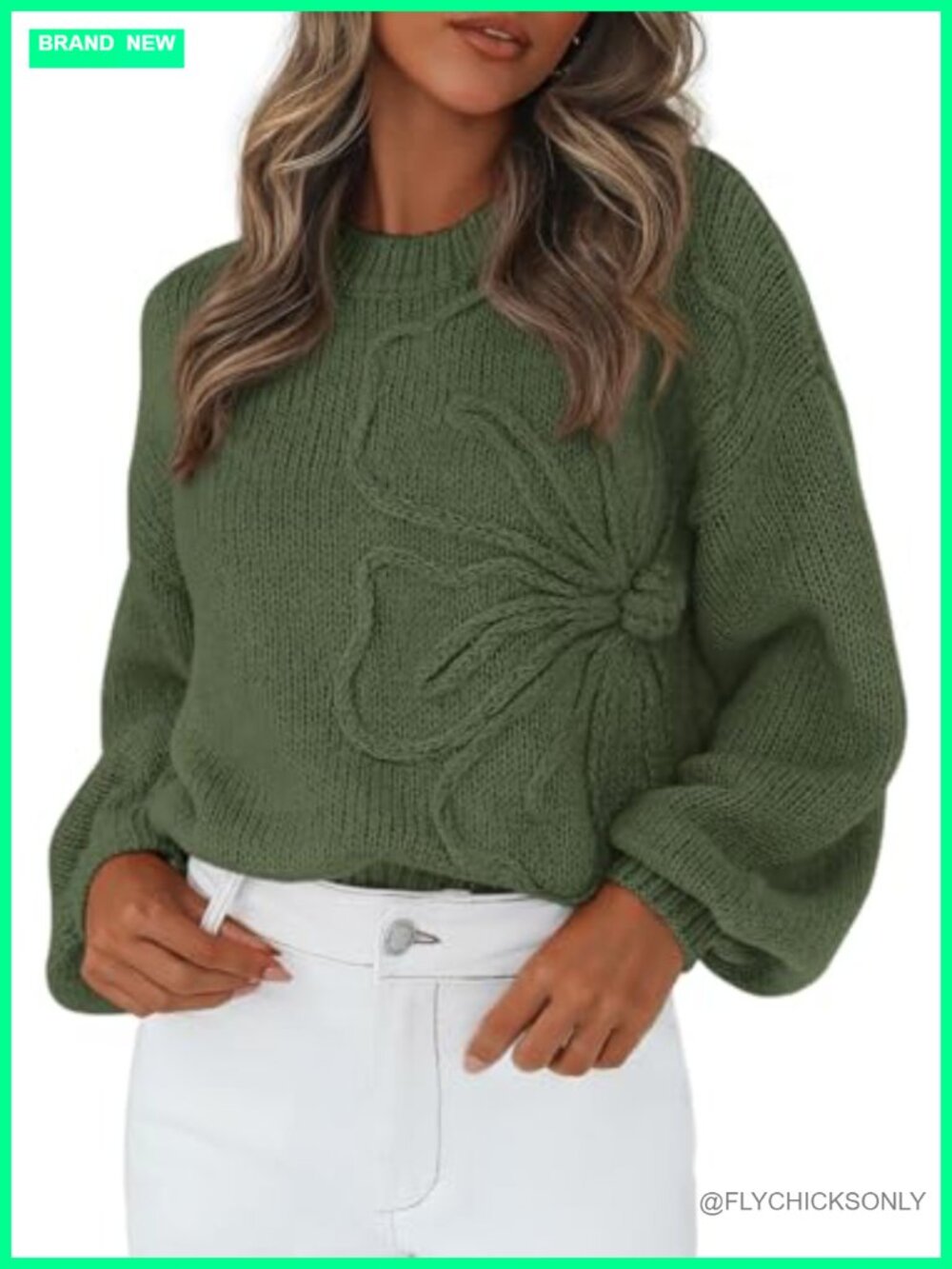 Oversized 3D Floral Knit Sweater Women Loose Crew Neck Lantern Sleeve Pullover